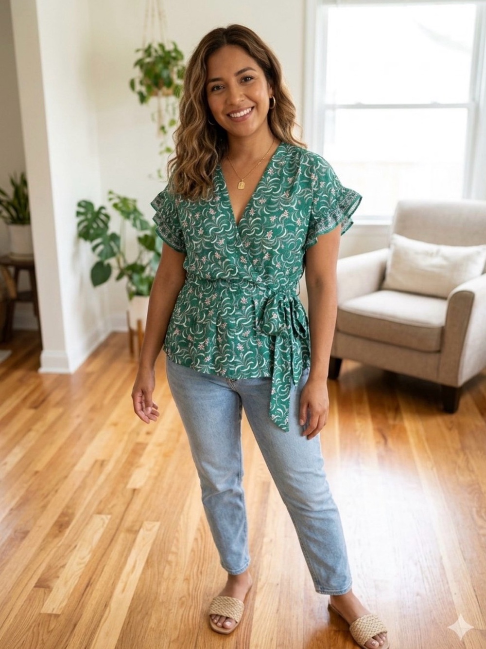 Max Studio Green Floral Tie-Waist Blouse